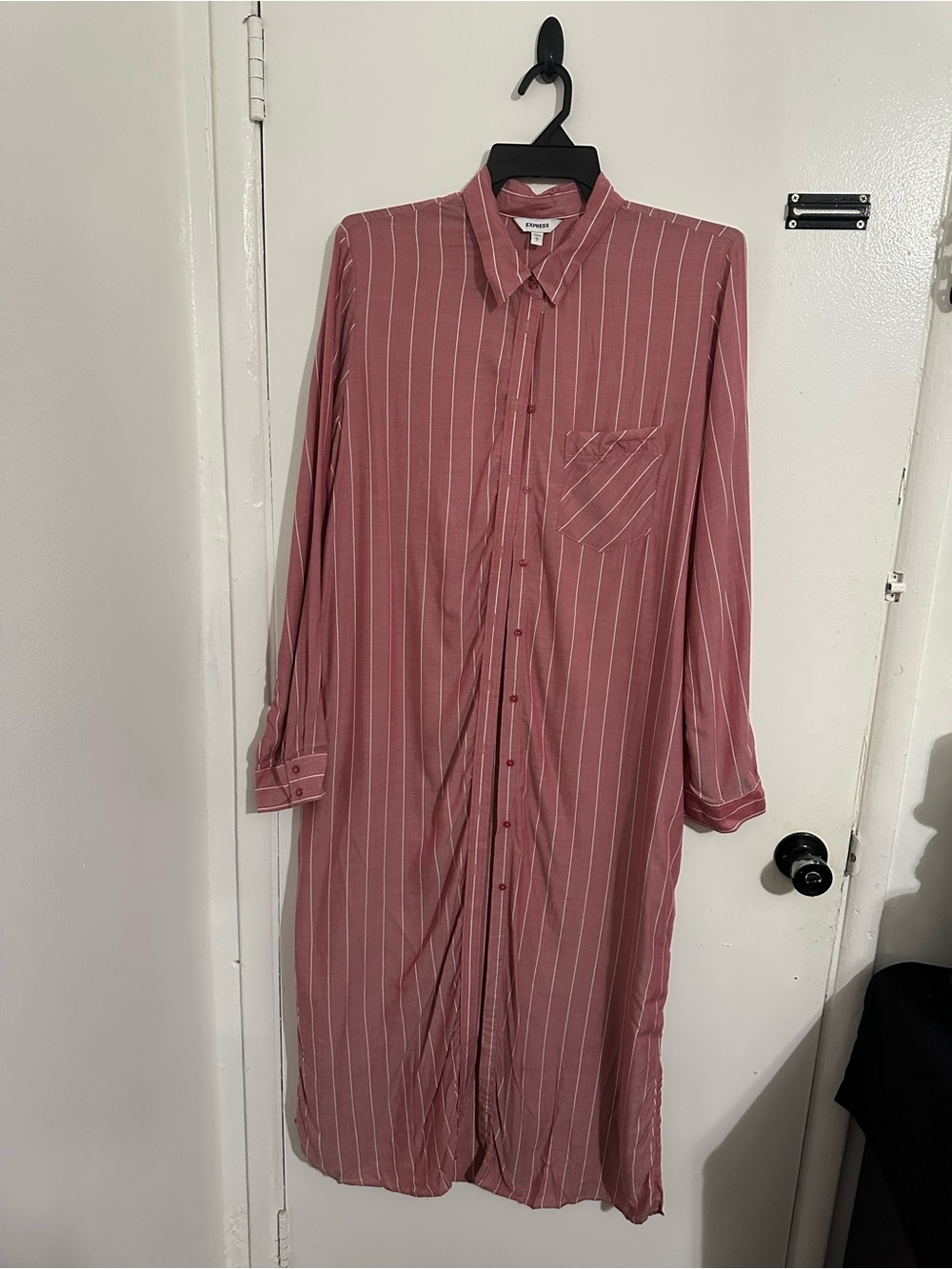 Express Red And White Vertical-Stripe Long Sleeve Shirt Dress